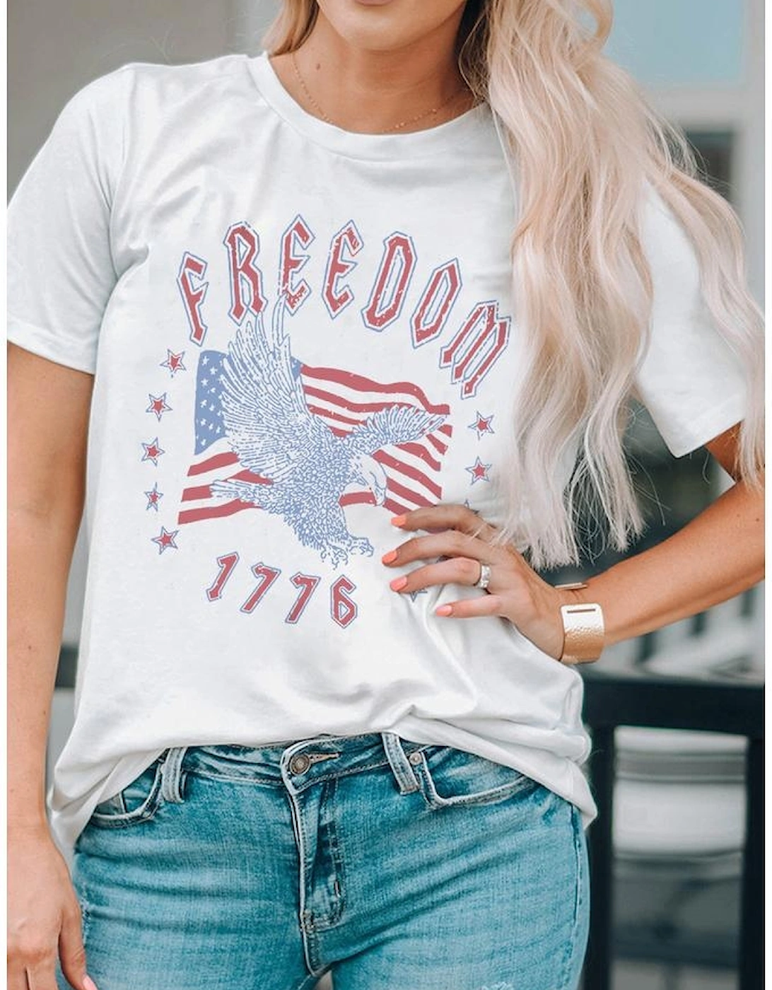 White FREEDOM Eagle Flag Print 1776 Graphic Tee