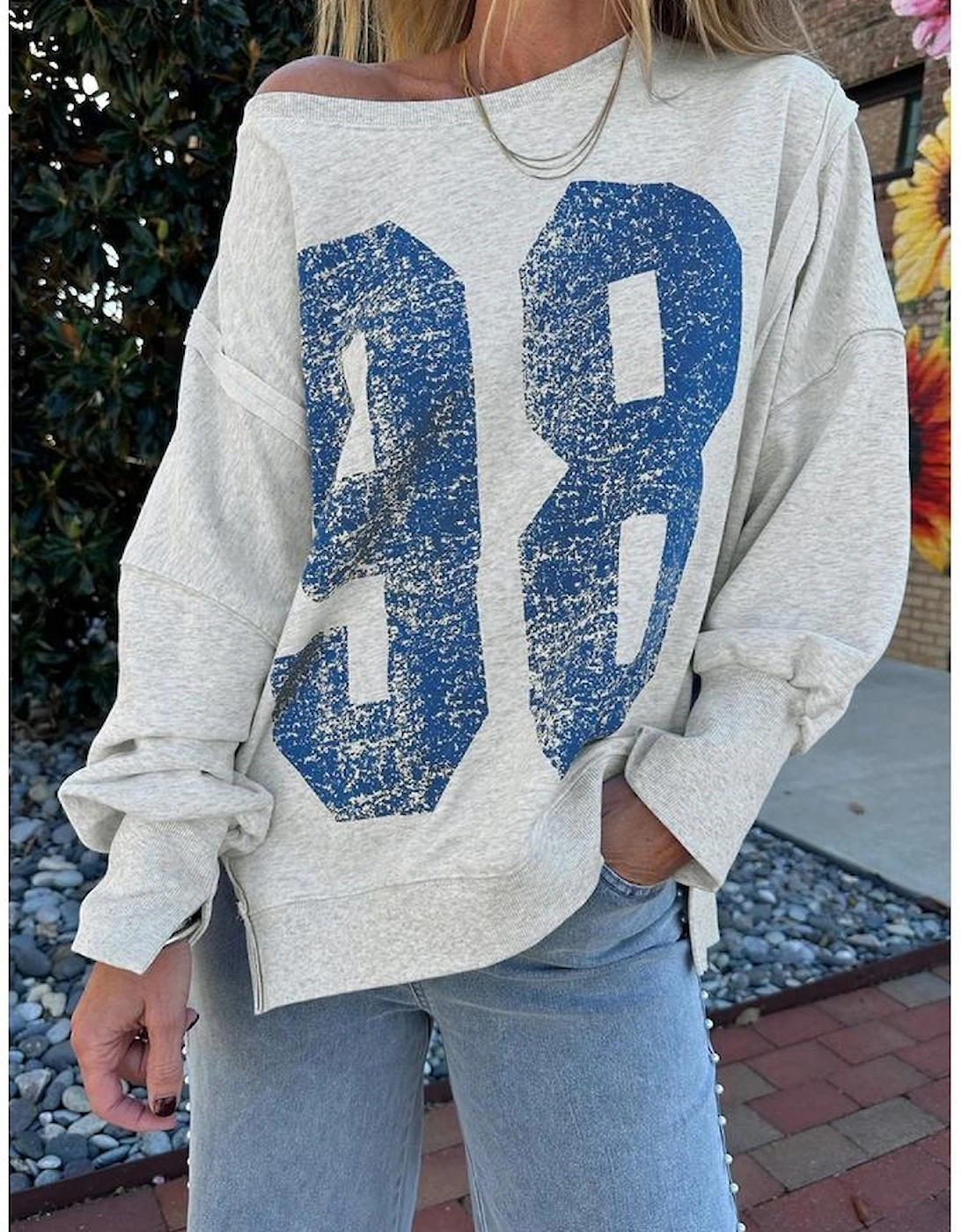 Light Grey Faded Varsity Print Loose Pullover Top
