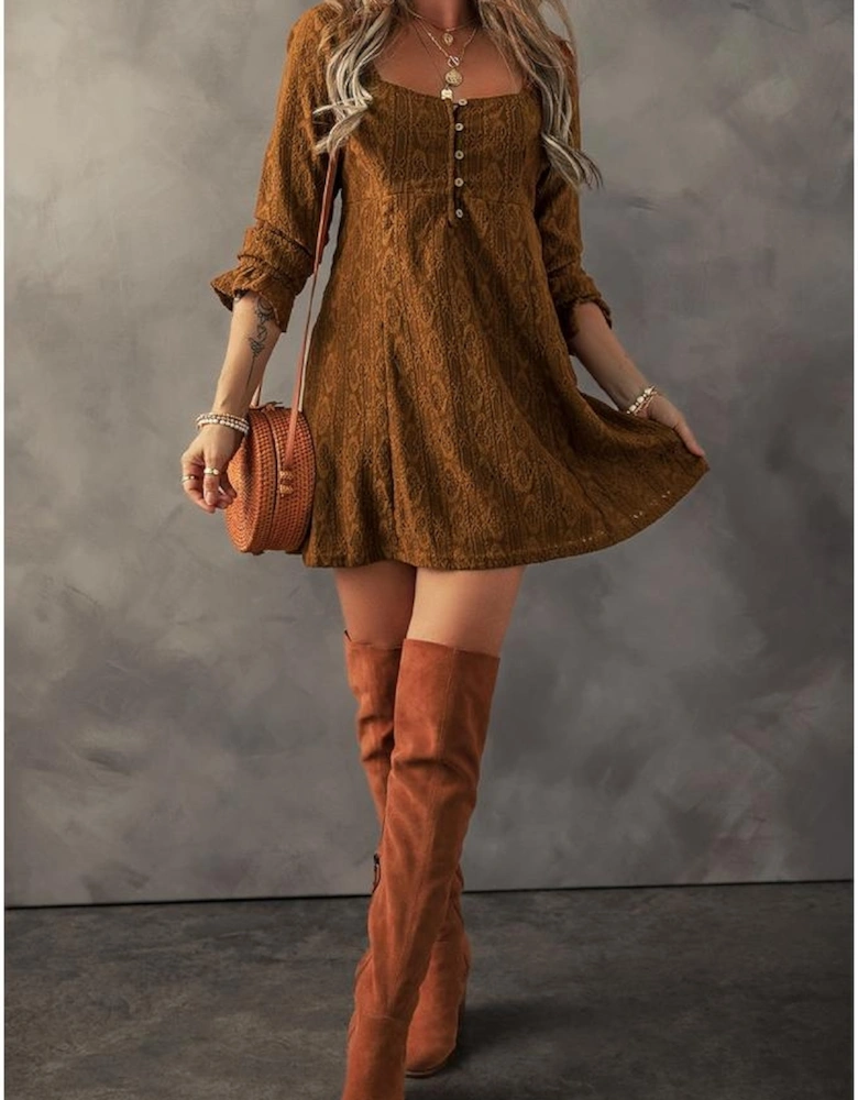 Chestnut Lace Crochet Buttoned Square Neck Shift Mini Dress