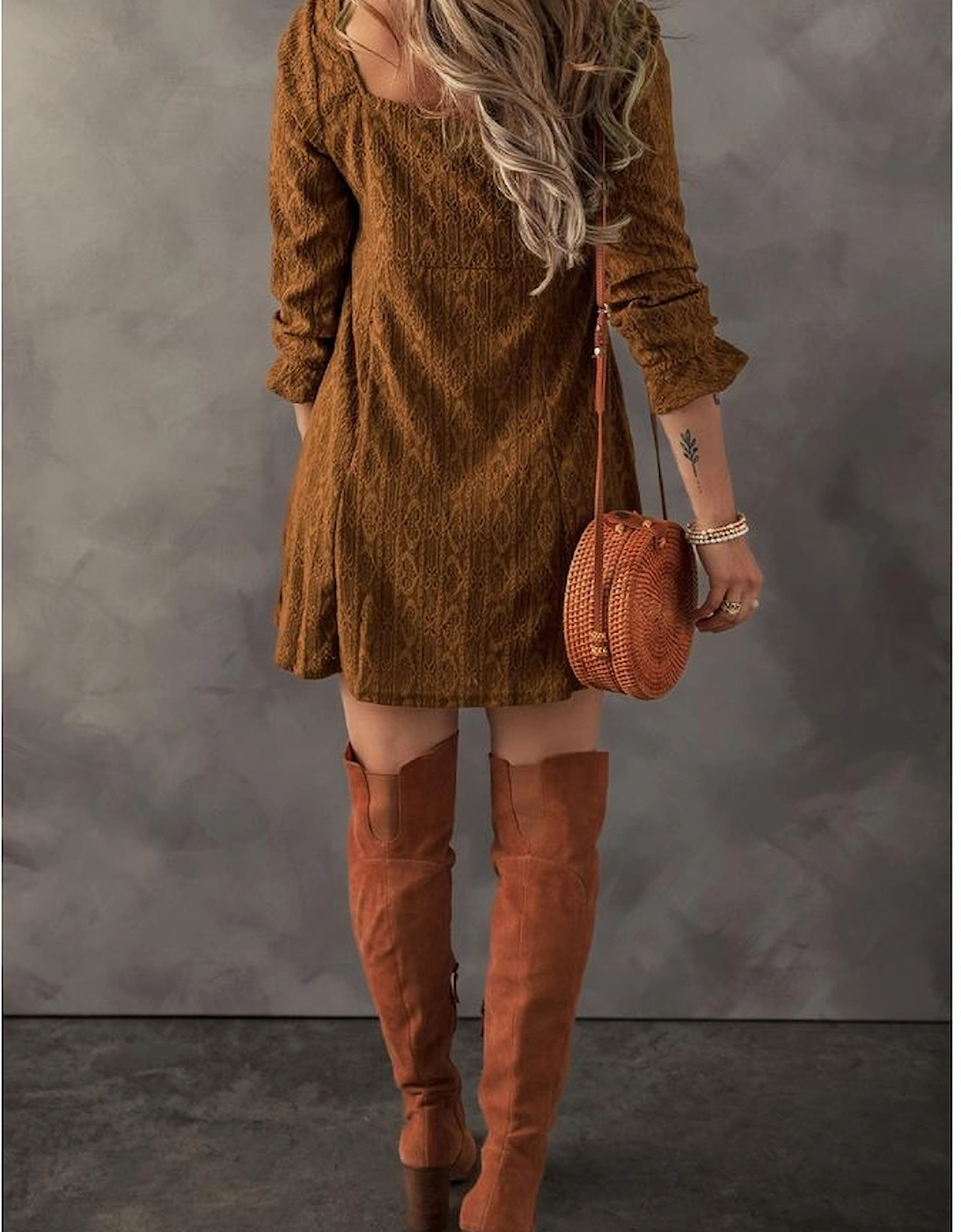 Chestnut Lace Crochet Buttoned Square Neck Shift Mini Dress