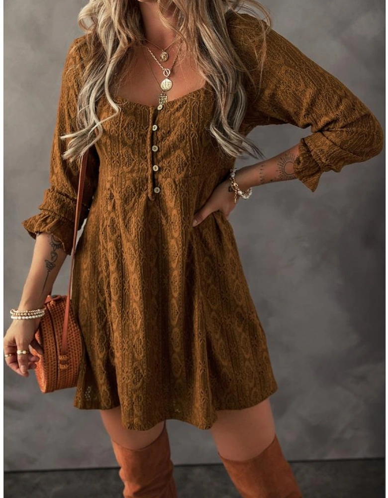 Chestnut Lace Crochet Buttoned Square Neck Shift Mini Dress
