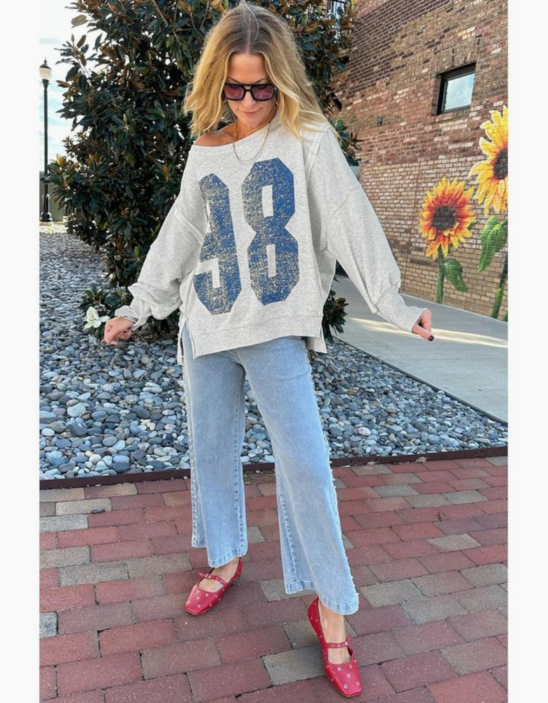 Light Grey Faded Varsity Print Loose Pullover Top