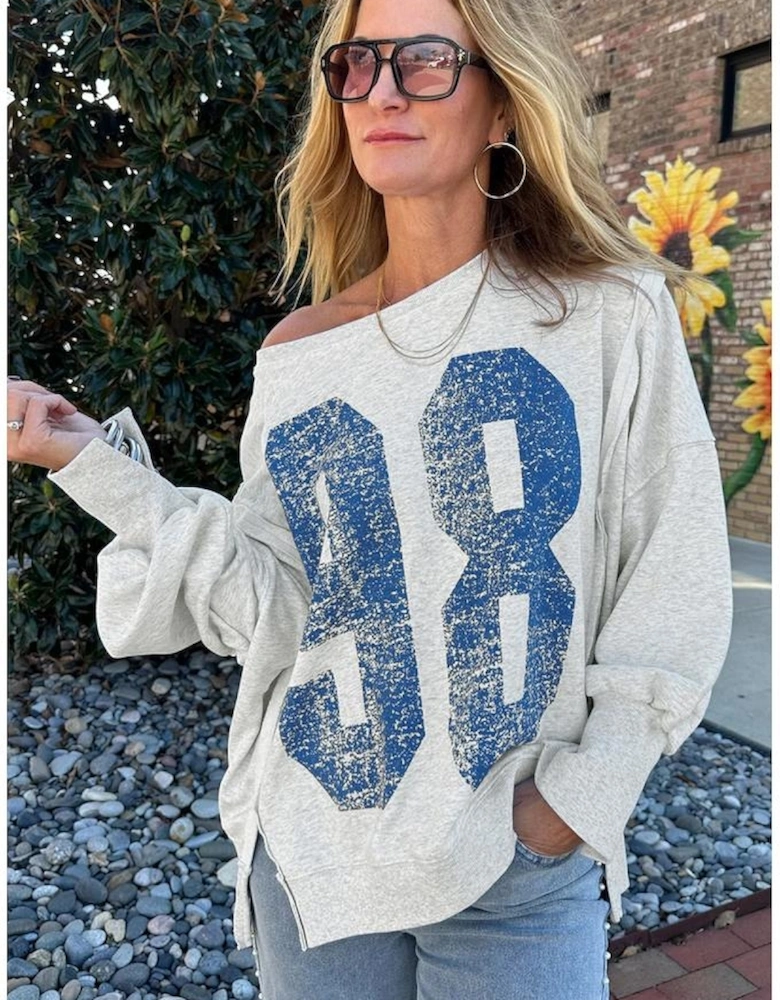 Light Grey Faded Varsity Print Loose Pullover Top