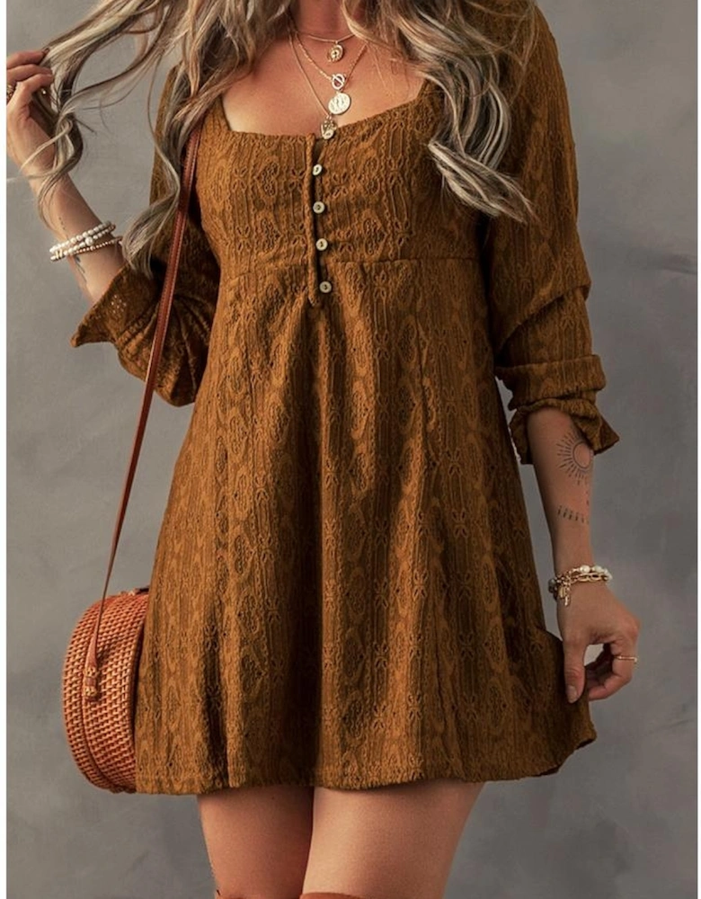 Chestnut Lace Crochet Buttoned Square Neck Shift Mini Dress