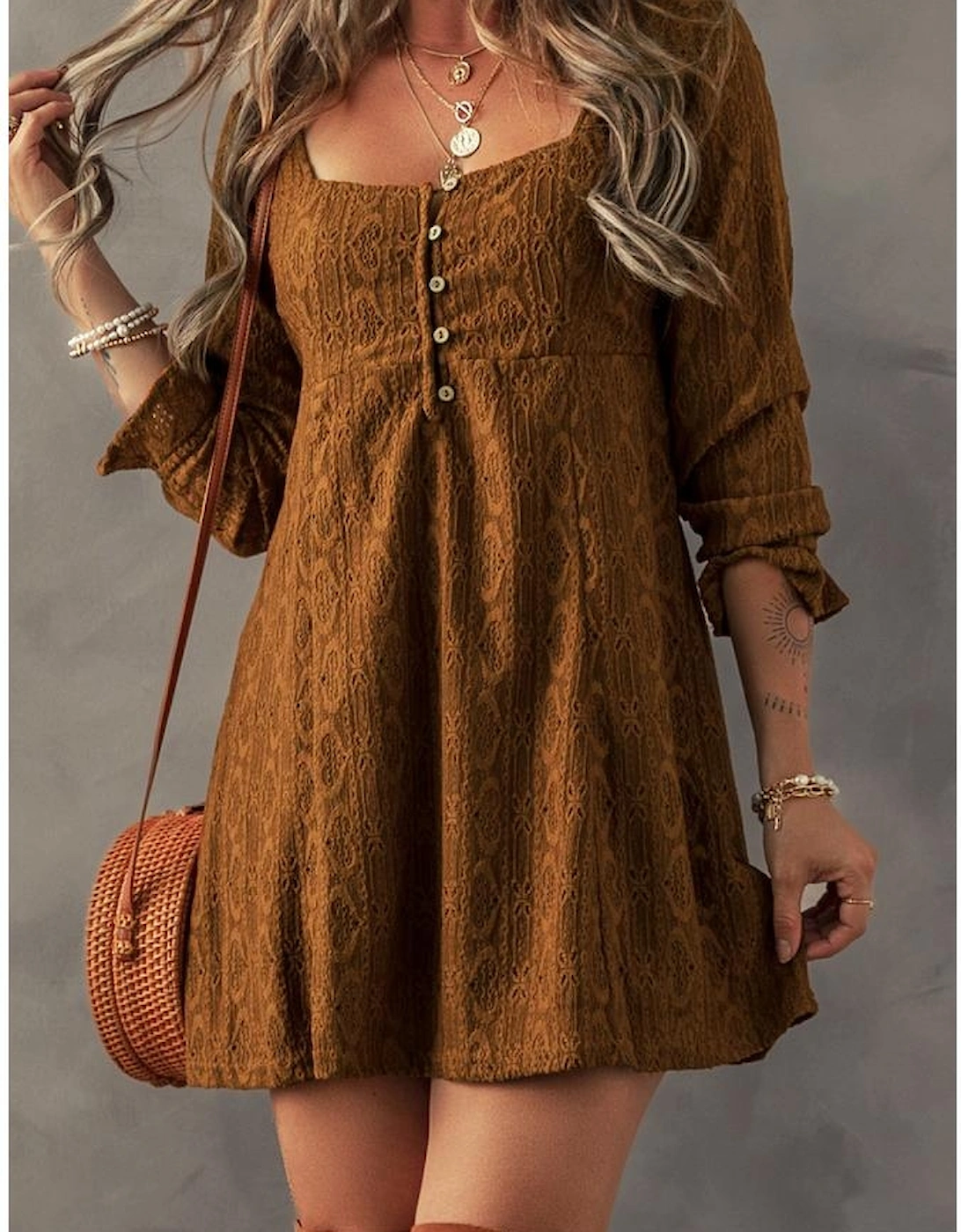 Chestnut Lace Crochet Buttoned Square Neck Shift Mini Dress, 8 of 7