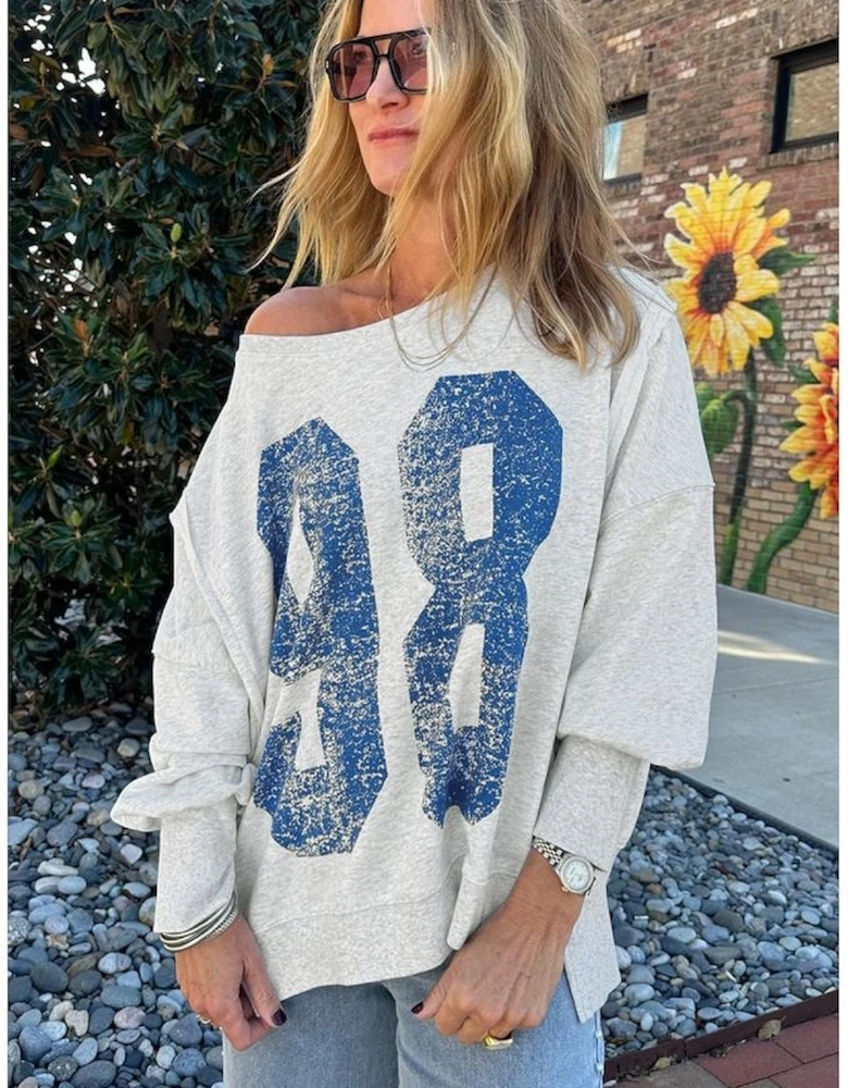 Light Grey Faded Varsity Print Loose Pullover Top