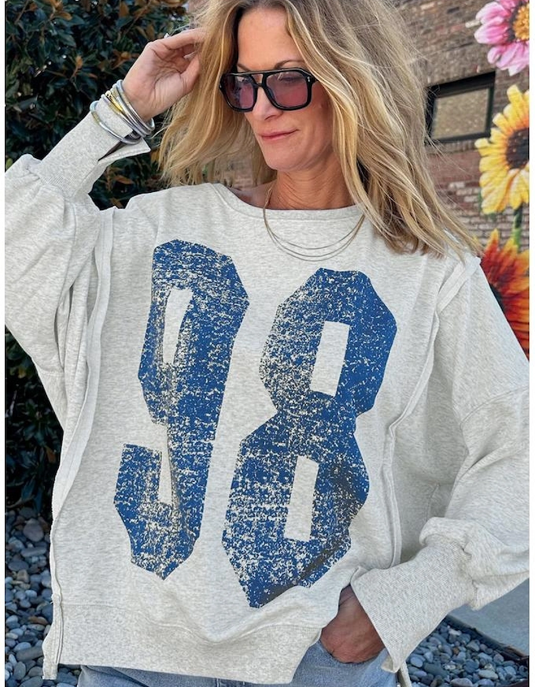 Light Grey Faded Varsity Print Loose Pullover Top, 6 of 5