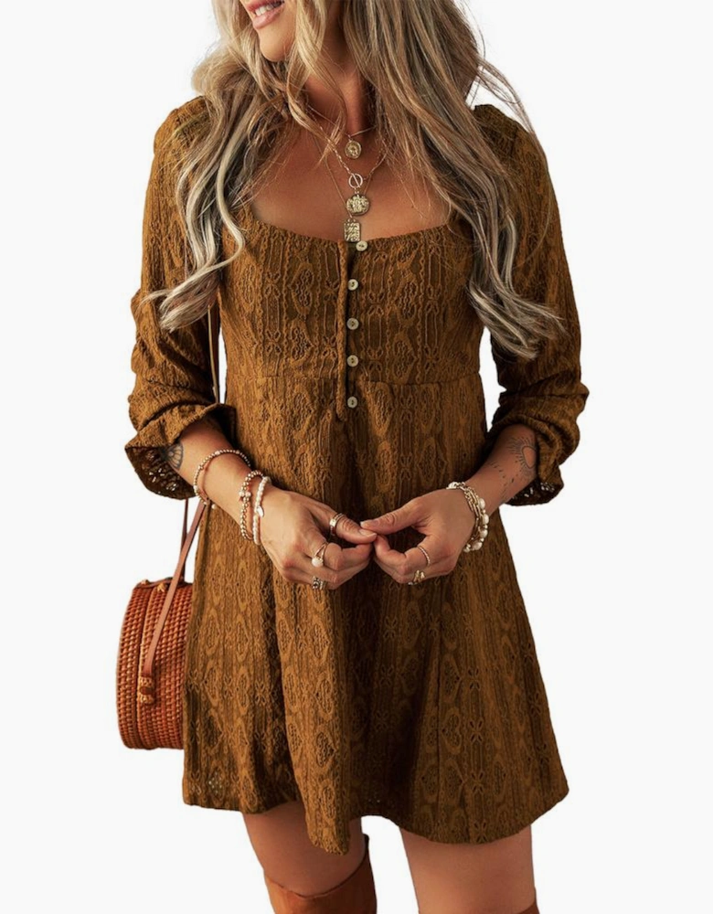 Chestnut Lace Crochet Buttoned Square Neck Shift Mini Dress