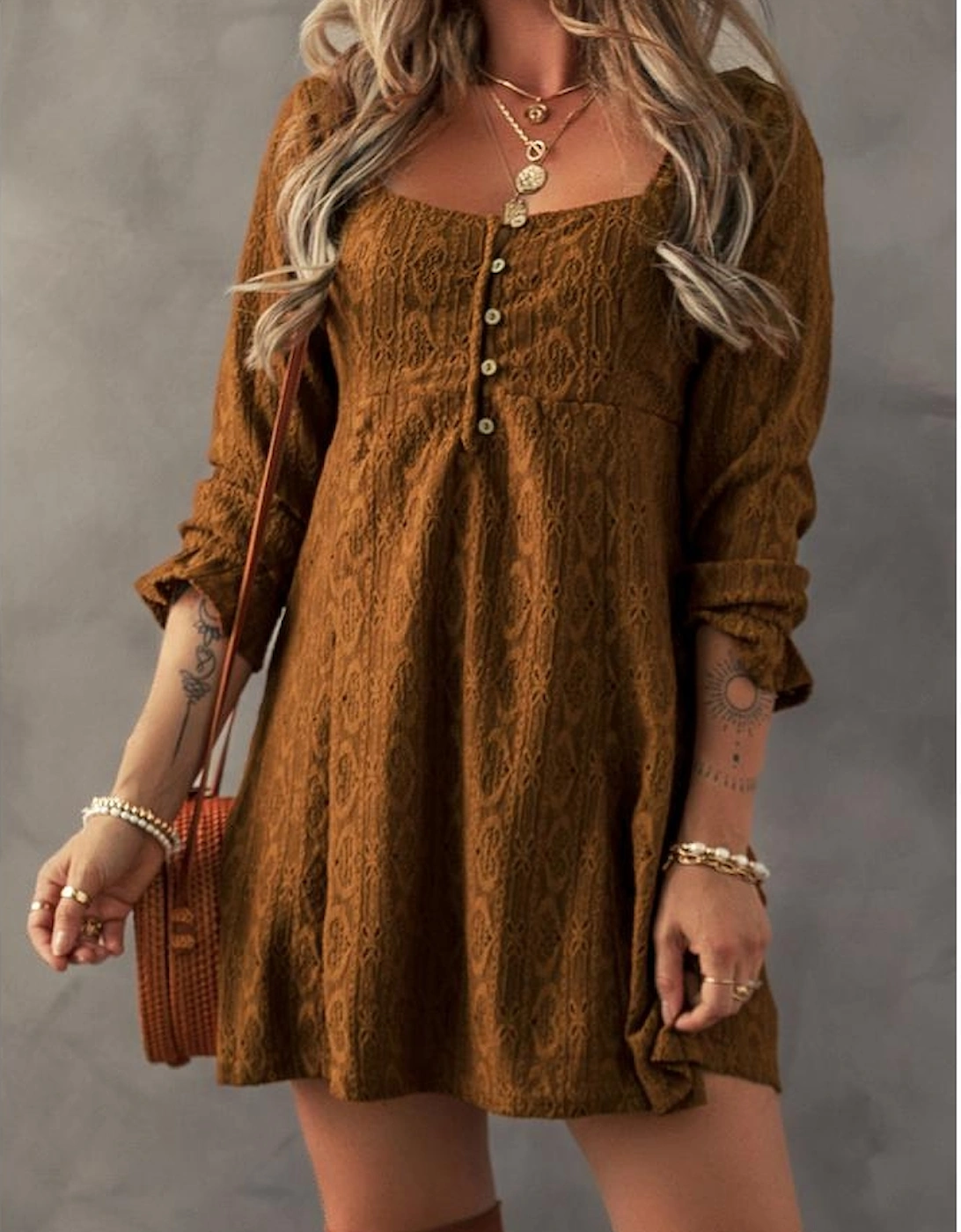 Chestnut Lace Crochet Buttoned Square Neck Shift Mini Dress