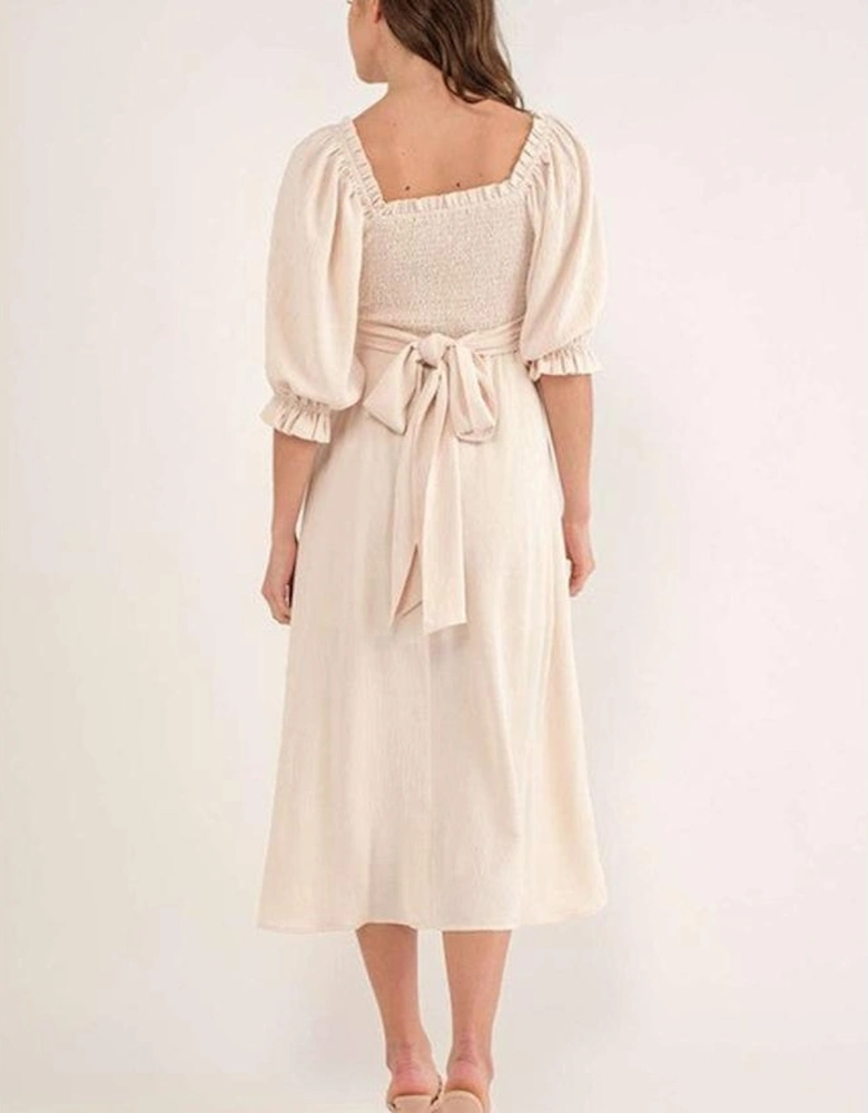 Azura Exchange Beige Puff Sleeve Cross Tie Cut Out Maxi Dress