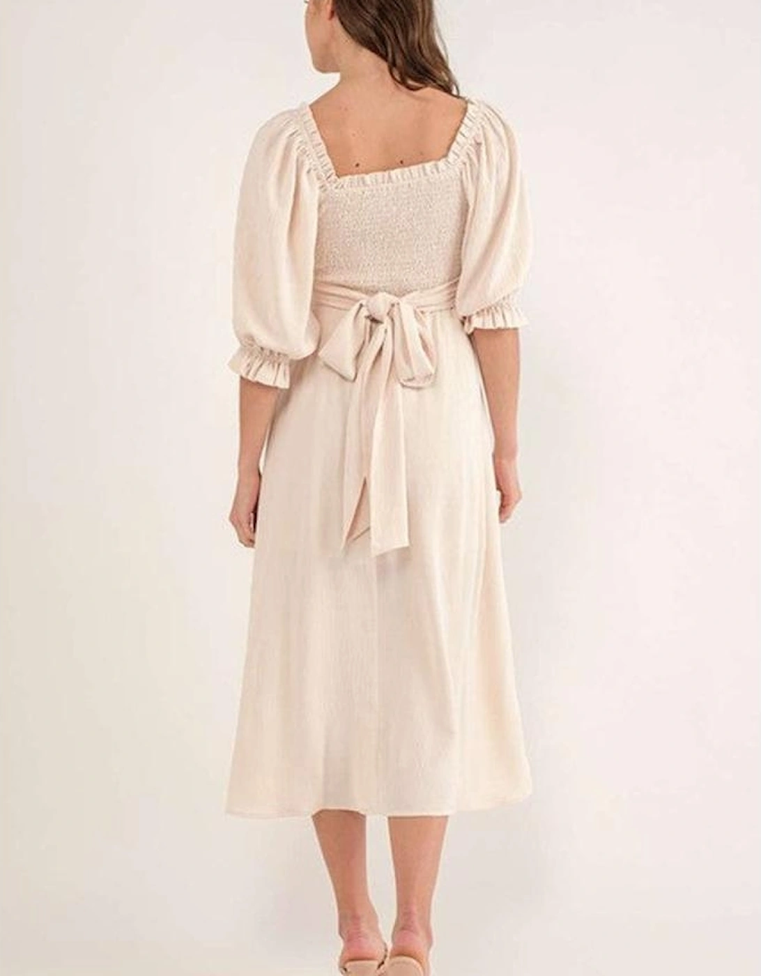 Azura Exchange Beige Puff Sleeve Cross Tie Cut Out Maxi Dress