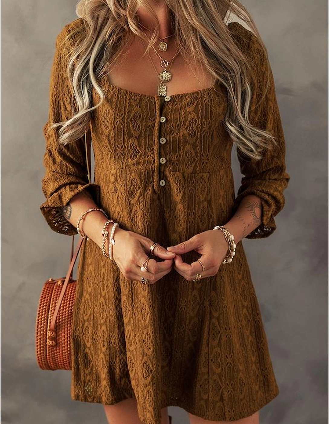 Chestnut Lace Crochet Buttoned Square Neck Shift Mini Dress