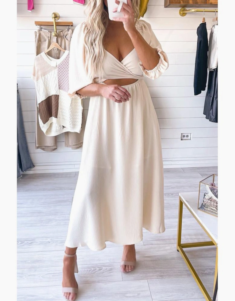 Azura Exchange Beige Puff Sleeve Cross Tie Cut Out Maxi Dress