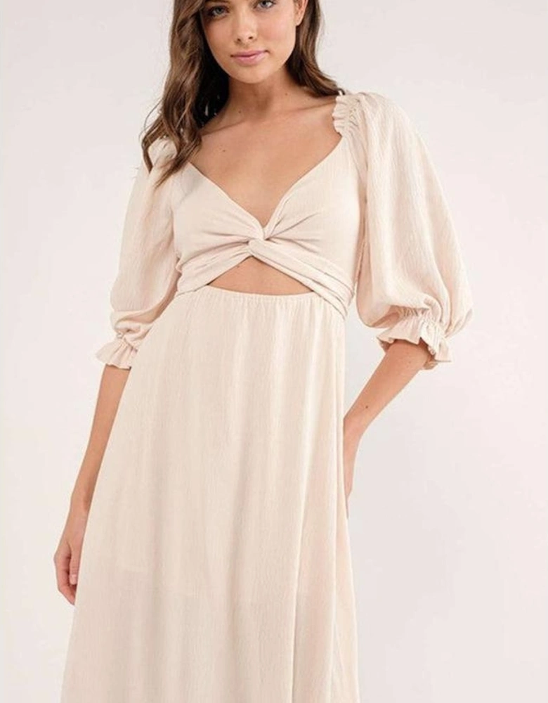 Azura Exchange Beige Puff Sleeve Cross Tie Cut Out Maxi Dress