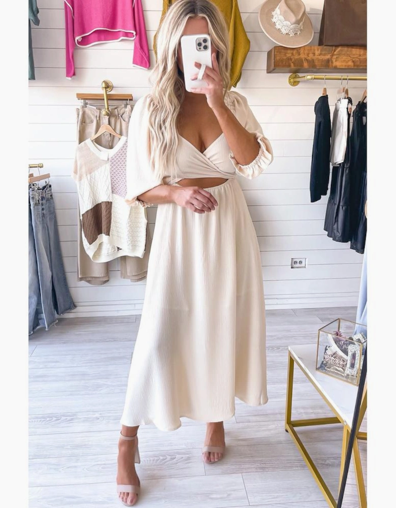 Azura Exchange Beige Puff Sleeve Cross Tie Cut Out Maxi Dress