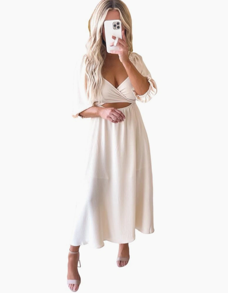 Azura Exchange Beige Puff Sleeve Cross Tie Cut Out Maxi Dress