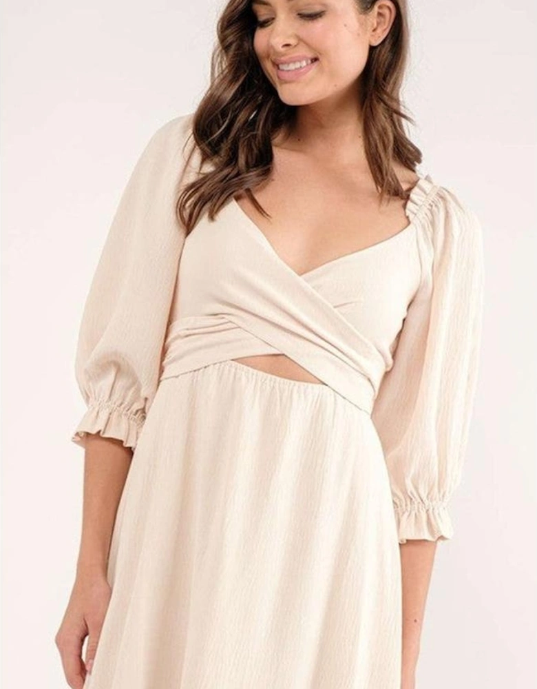 Azura Exchange Beige Puff Sleeve Cross Tie Cut Out Maxi Dress