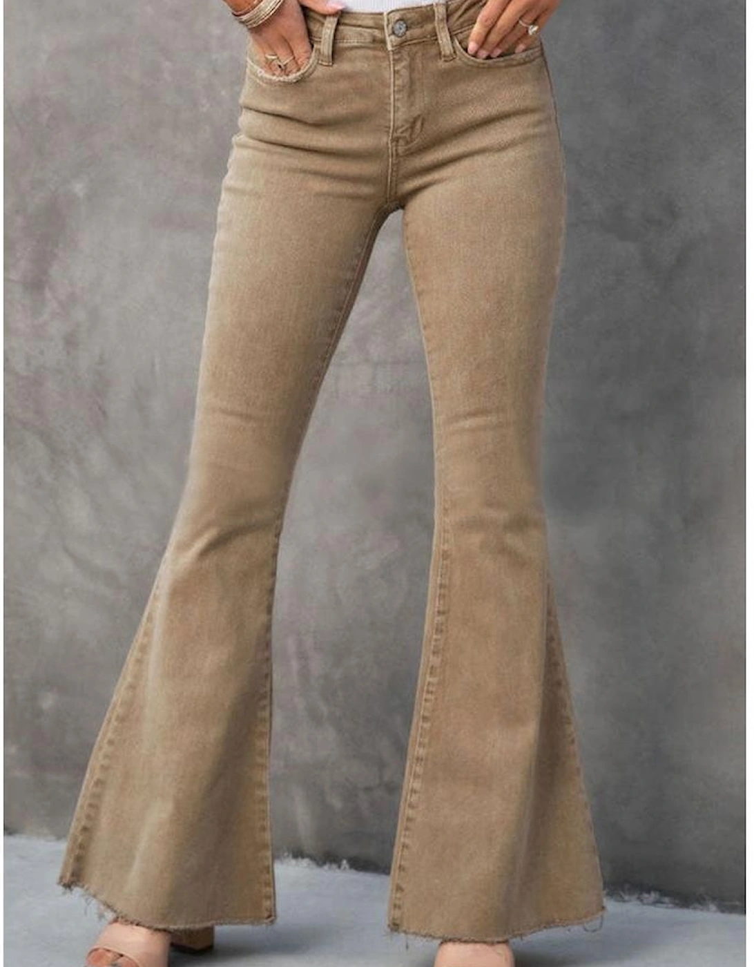 Khaki Raw Hem High Waist Flare Jeans