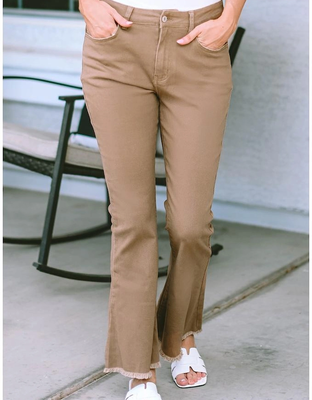 Khaki Raw Hem High Waist Flare Jeans