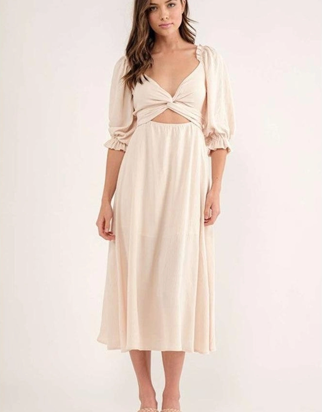 Azura Exchange Beige Puff Sleeve Cross Tie Cut Out Maxi Dress