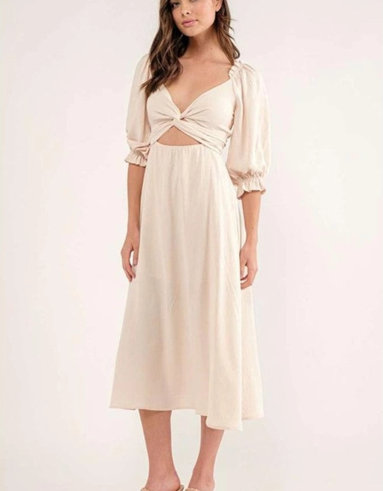 Azura Exchange Beige Puff Sleeve Cross Tie Cut Out Maxi Dress