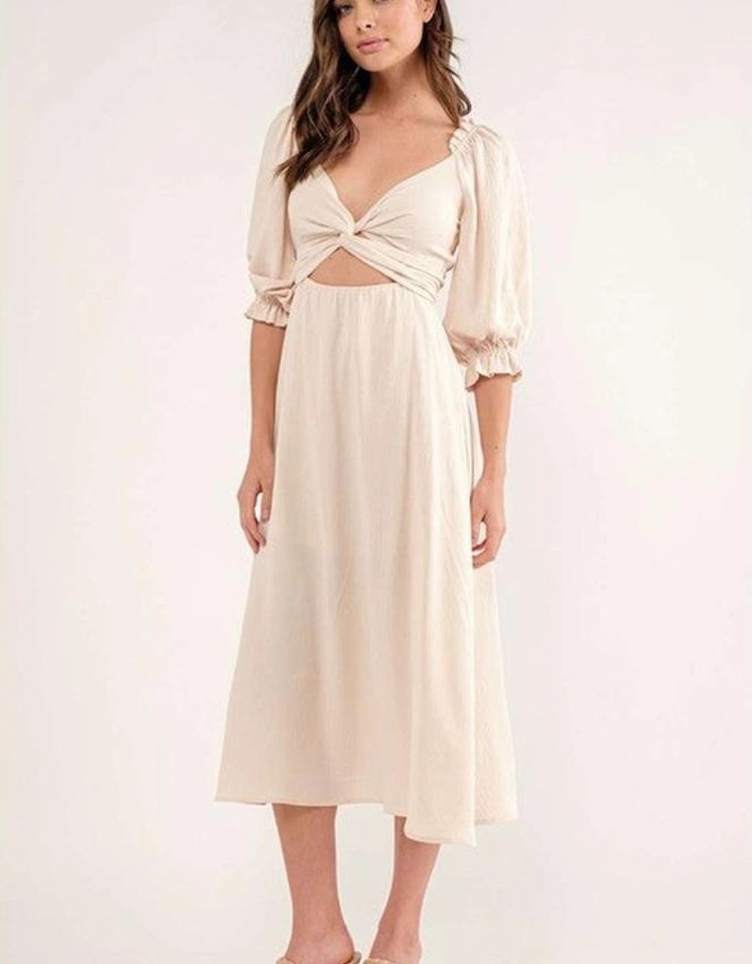 Azura Exchange Beige Puff Sleeve Cross Tie Cut Out Maxi Dress