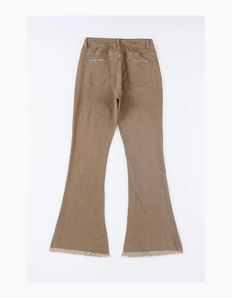 Khaki Raw Hem High Waist Flare Jeans