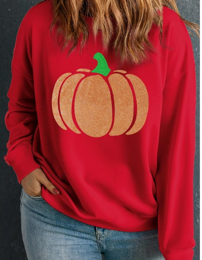 Racing Red Halloween Glitter Pumpkin Pattern Plus Size Sweatshirt