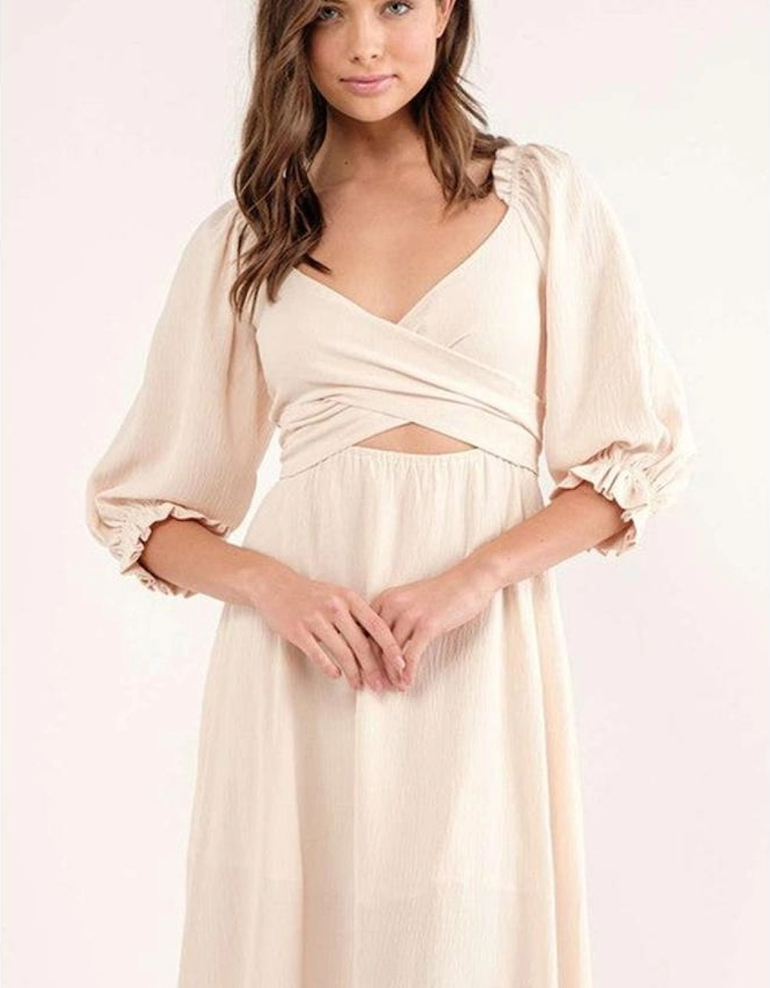 Azura Exchange Beige Puff Sleeve Cross Tie Cut Out Maxi Dress