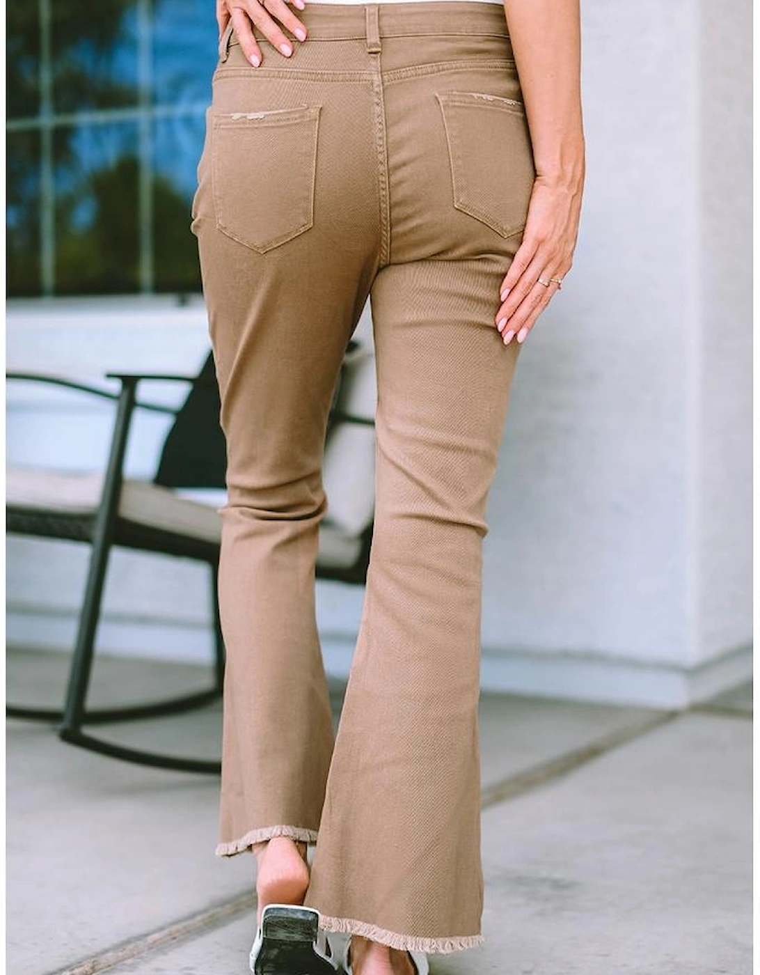 Khaki Raw Hem High Waist Flare Jeans