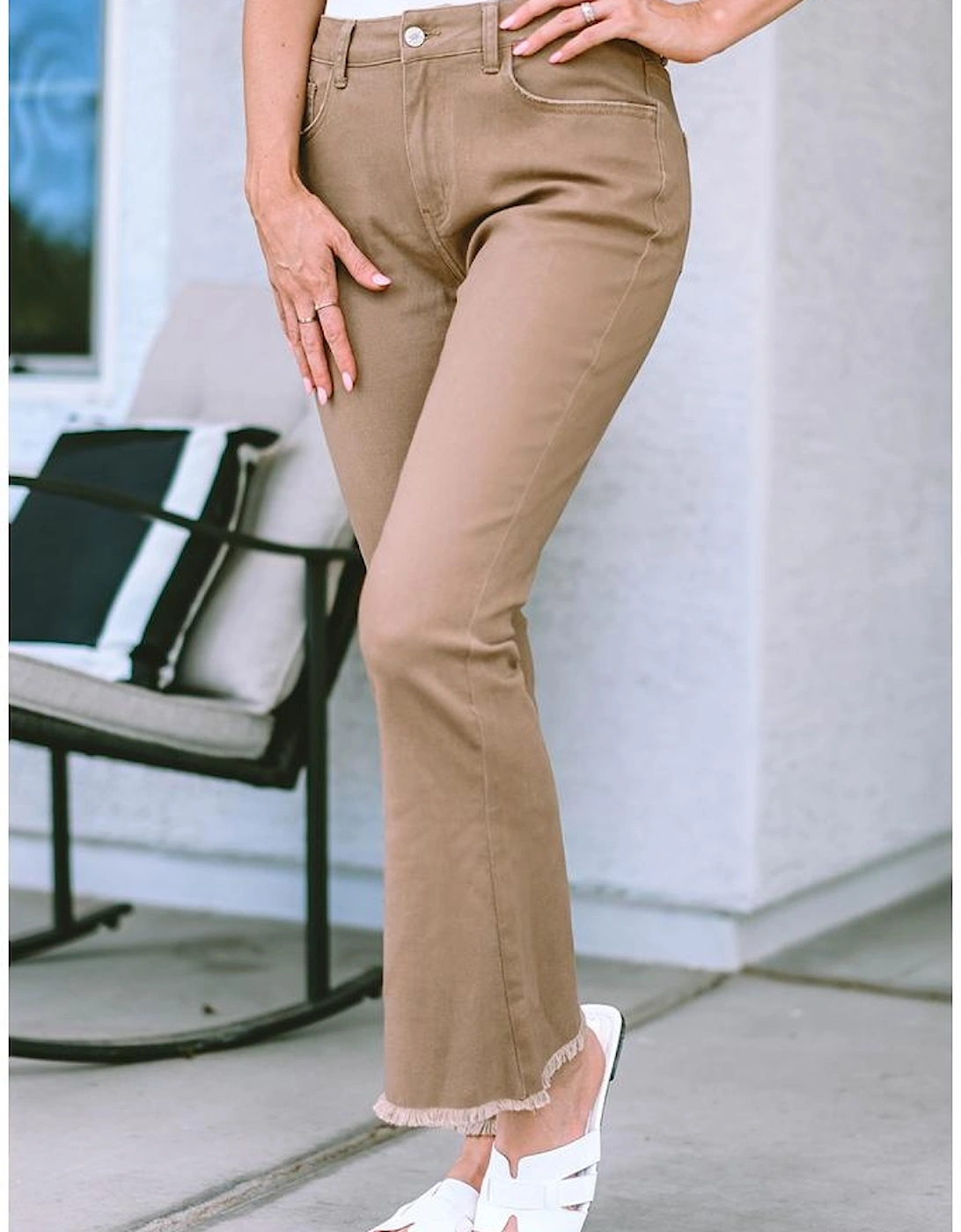 Khaki Raw Hem High Waist Flare Jeans