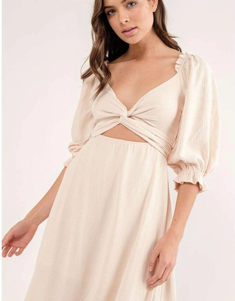 Azura Exchange Beige Puff Sleeve Cross Tie Cut Out Maxi Dress