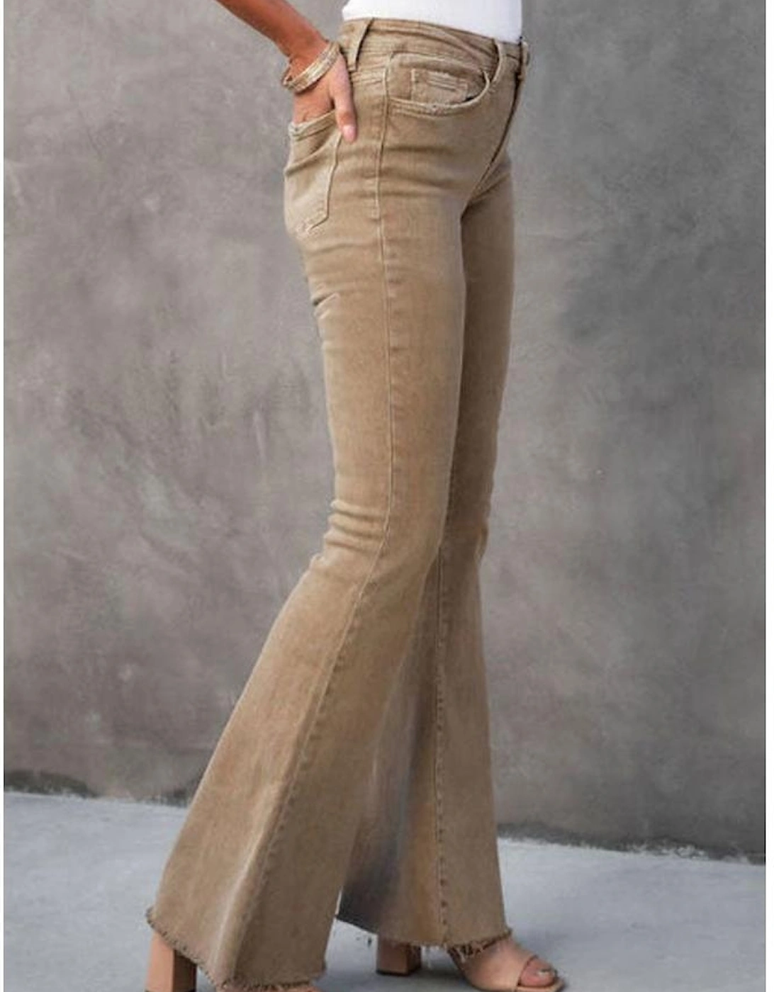 Khaki Raw Hem High Waist Flare Jeans