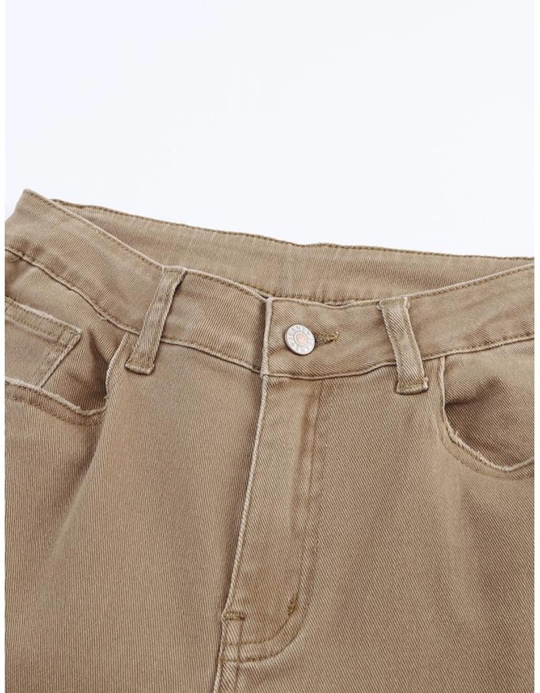 Khaki Raw Hem High Waist Flare Jeans