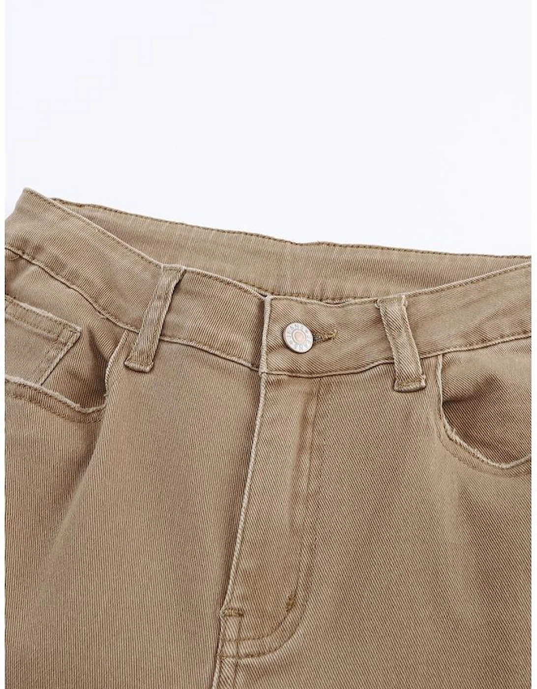 Khaki Raw Hem High Waist Flare Jeans