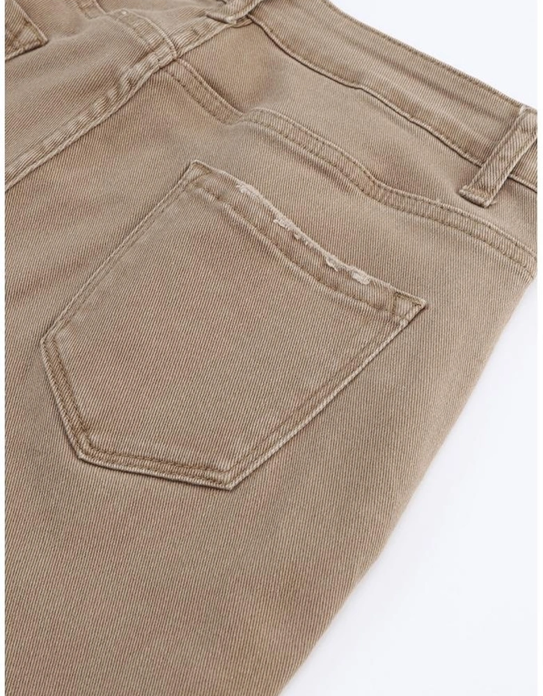 Khaki Raw Hem High Waist Flare Jeans