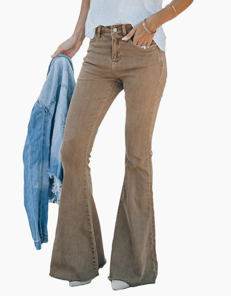 Khaki Raw Hem High Waist Flare Jeans