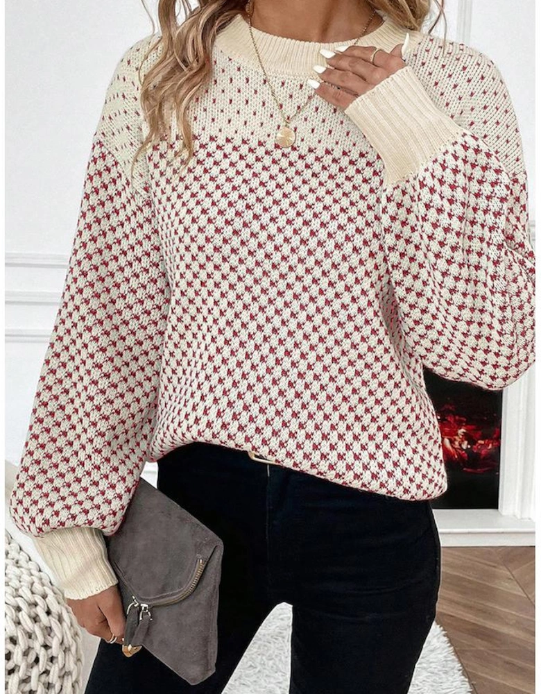 Red Contrast Color Pattern Lantern Sleeve Sweater