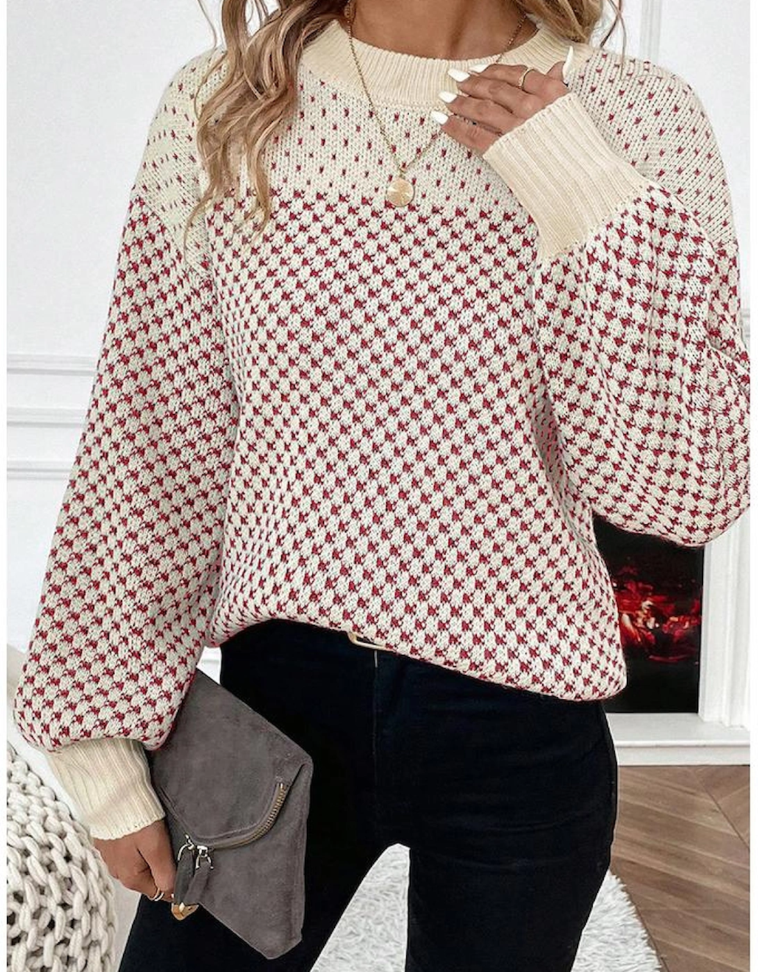Red Contrast Color Pattern Lantern Sleeve Sweater