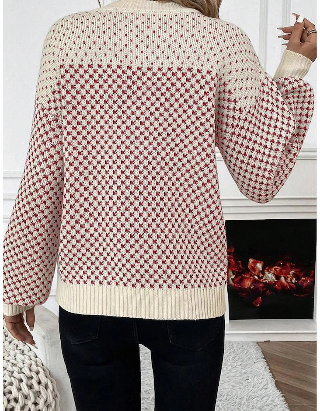 Red Contrast Color Pattern Lantern Sleeve Sweater, 4 of 3