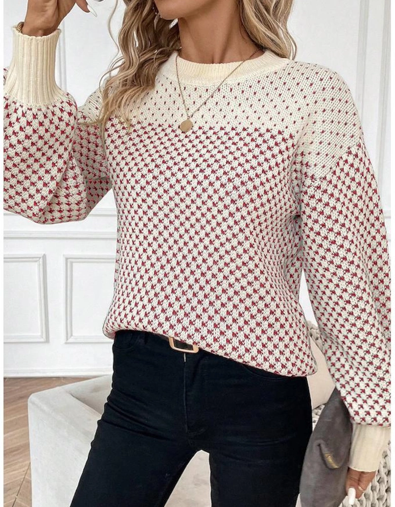Red Contrast Color Pattern Lantern Sleeve Sweater