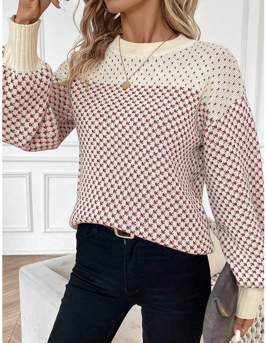 Red Contrast Color Pattern Lantern Sleeve Sweater