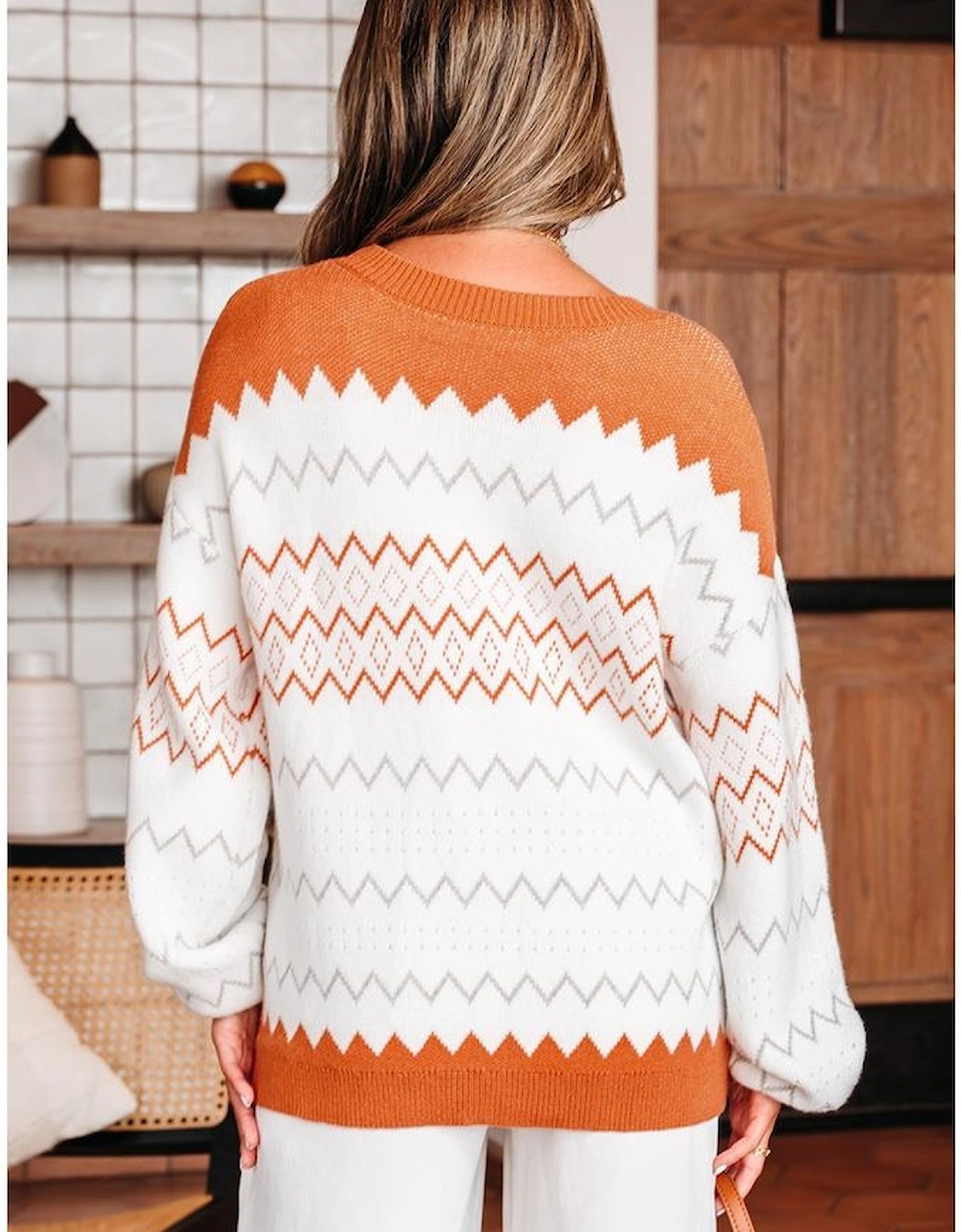 Khaki Zigzag Geometric Pattern Knitted Pullover Sweater, 16 of 15