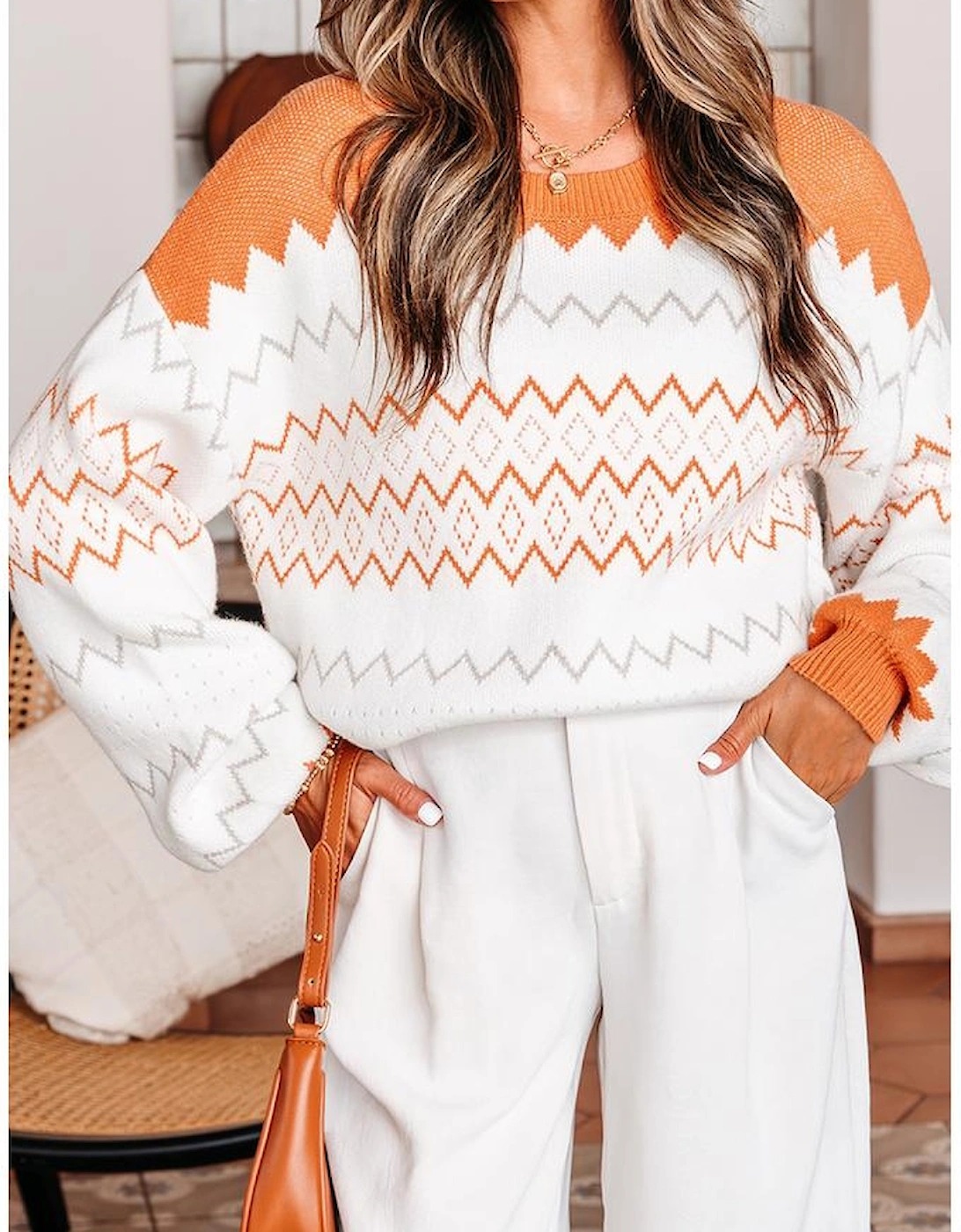 Khaki Zigzag Geometric Pattern Knitted Pullover Sweater