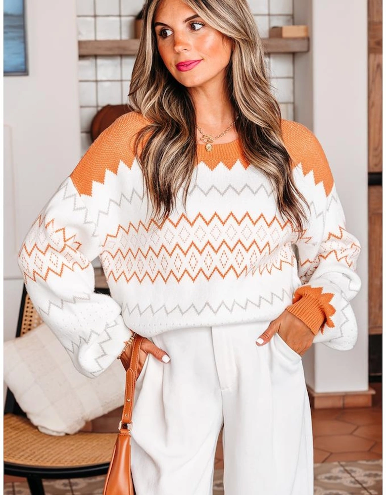 Khaki Zigzag Geometric Pattern Knitted Pullover Sweater