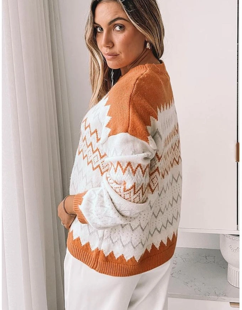 Khaki Zigzag Geometric Pattern Knitted Pullover Sweater