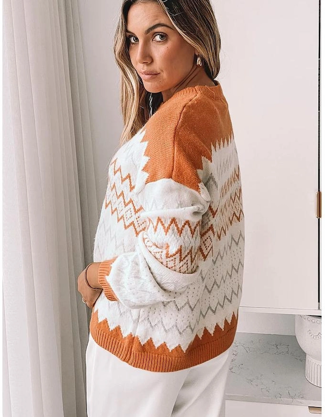 Khaki Zigzag Geometric Pattern Knitted Pullover Sweater