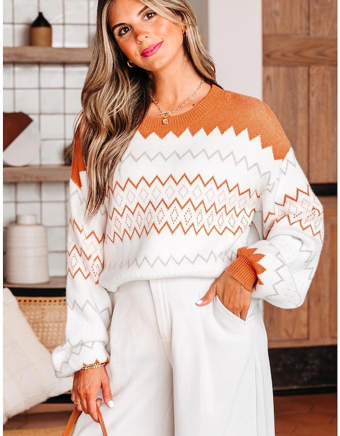 Khaki Zigzag Geometric Pattern Knitted Pullover Sweater