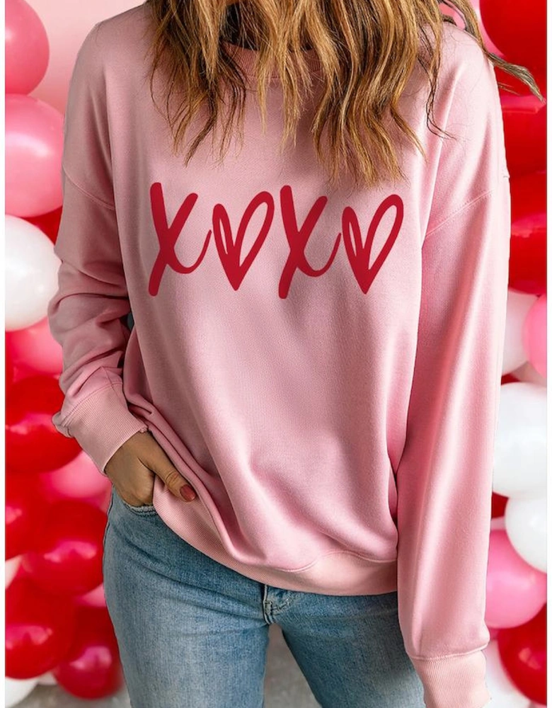 Pink Heart XOXO Graphic Crewneck Drop Shoulder Valentines Sweatshirt