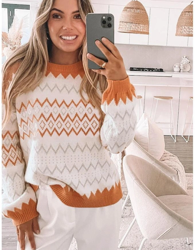 Khaki Zigzag Geometric Pattern Knitted Pullover Sweater